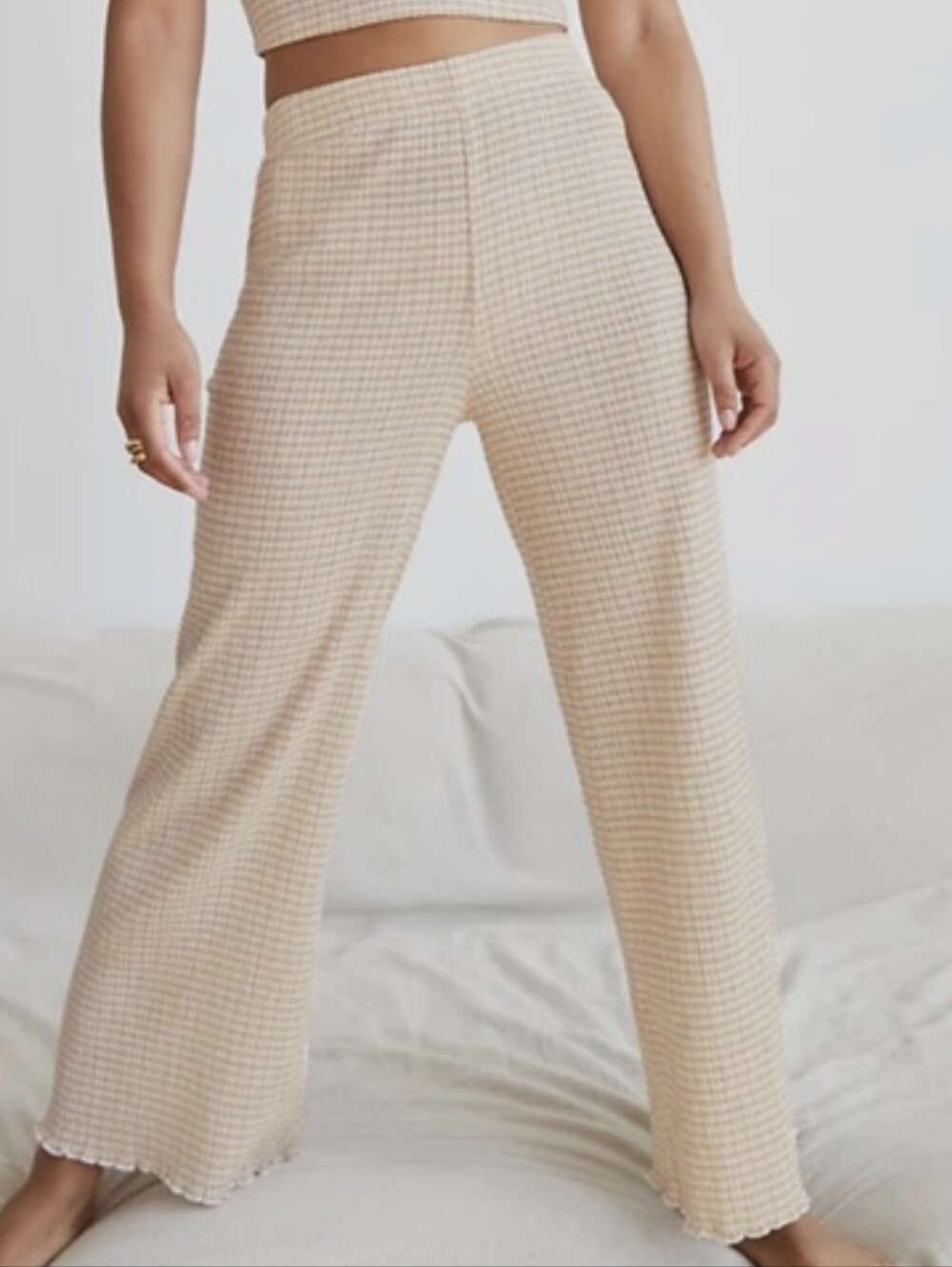 Aritzia Wilfred Beige Check Wide-Leg Knit Pants